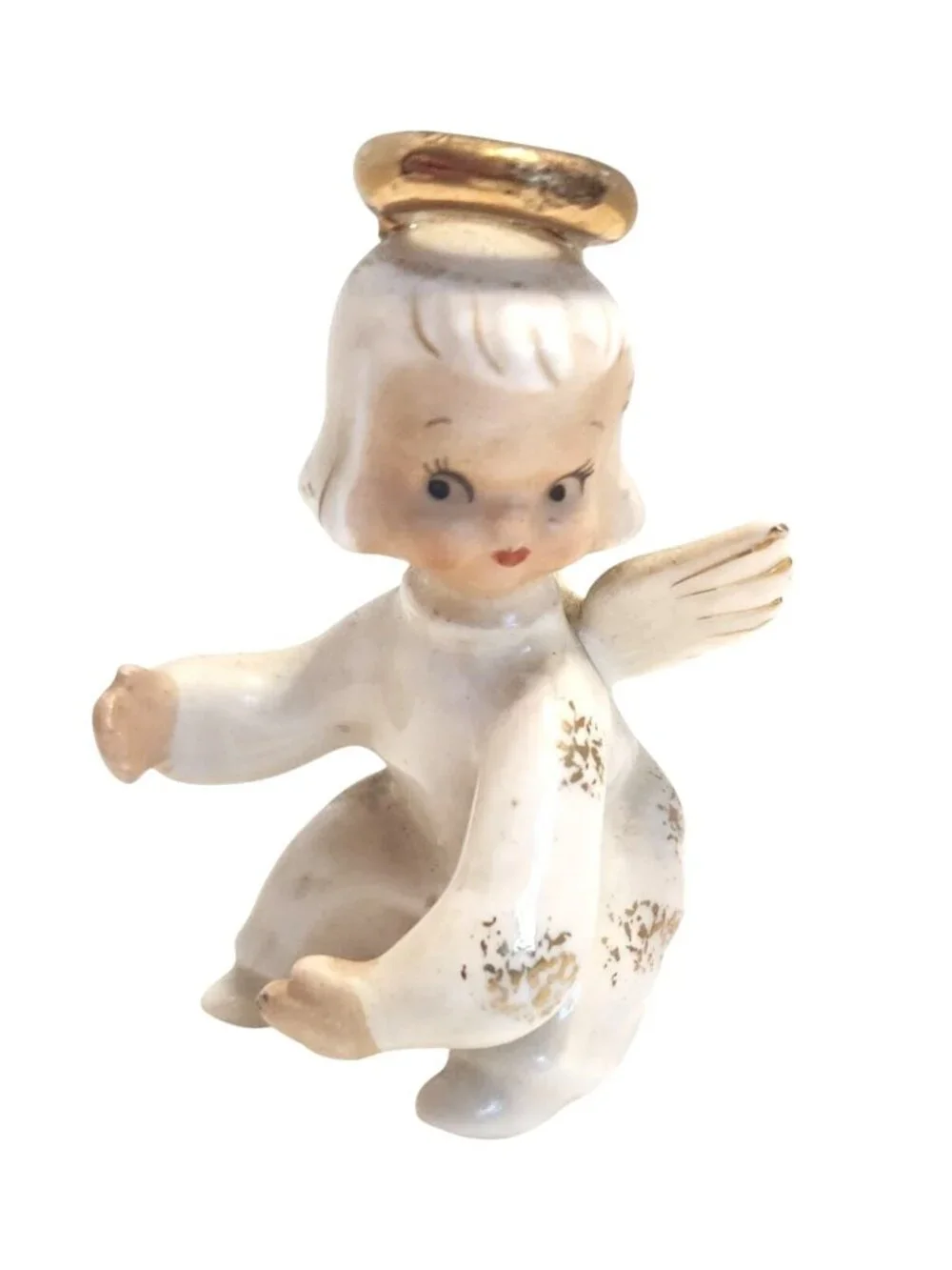 Vintage Lefton's Hand-Painted Ceramic Angel Figurine Gold & Halo Wings READ
